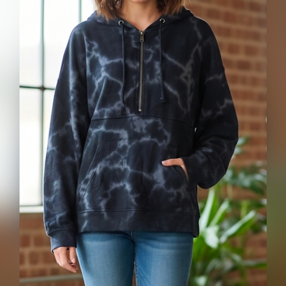 Sanctuary x Anthropologie Long Sleeve Black & Gray Quarter-Zip Tie-Dye Hoodie XS
